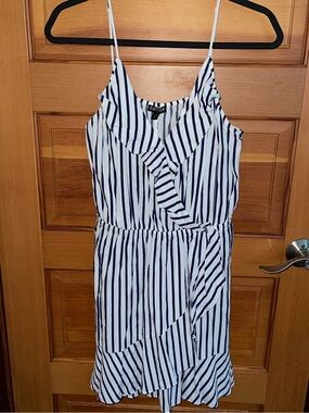 CLOSET CLOSEOUT SALE - Express Striped Navy & White Ruffle Faux-Wrap Dress